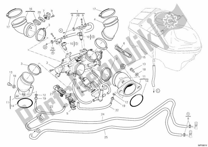 All parts for the Intake Manifold of the Ducati Hypermotard 1100 EVO 2012